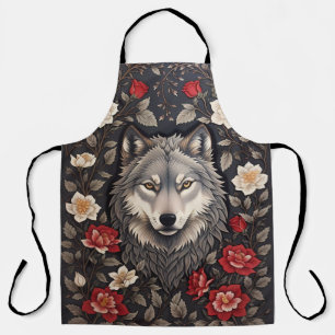 Elegant Grey Wolf Floral Apron