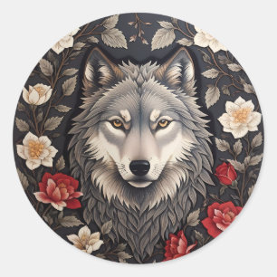 Elegant Grey Wolf Floral Classic Round Sticker