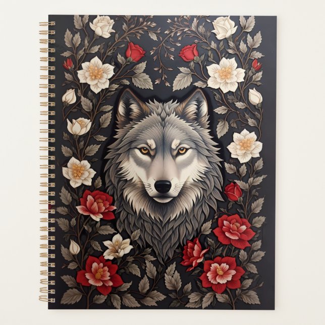 Elegant Grey Wolf Floral Planner (Front)