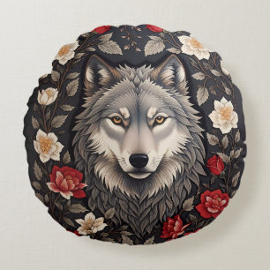 Elegant Grey Wolf Floral Round Cushion