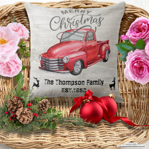 Elegant grey wood red truck l family name design cushion