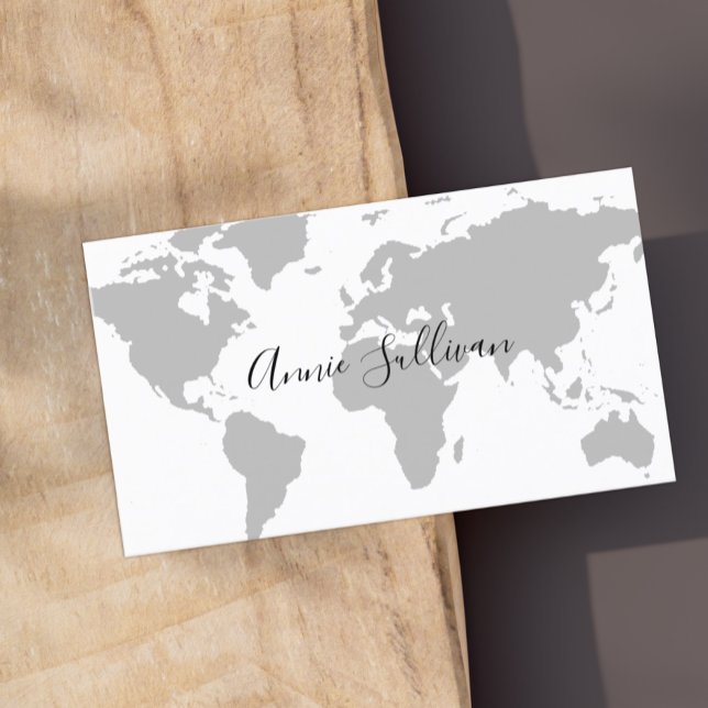 Elegant Grey World Map on White Business Card (Creator Uploaded)
