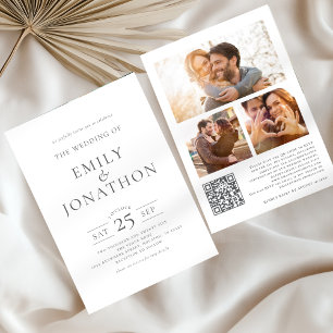 Elegant Grey Writing 3 Photos QR Code Wedding Invitation