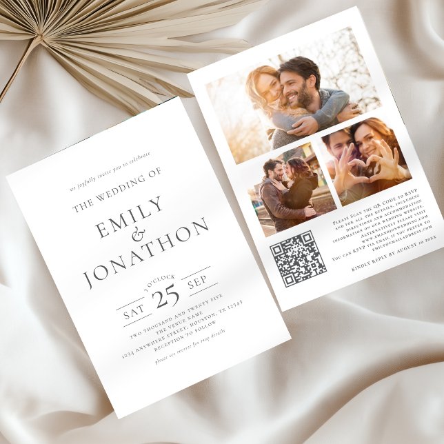 Elegant Grey Writing 3 Photos QR Code Wedding Invitation (Front and back view)