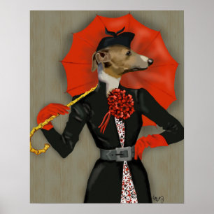 Elegant Greyhound and Red Umbrella Poster