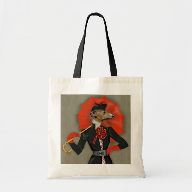 Elegant Greyhound and Red Umbrella Tote Bag (Front)