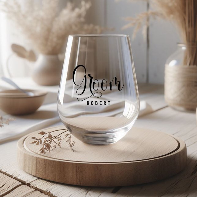 Elegant Groom Calligraphy Wedding Script Stemless Wine Glass (Creator Uploaded)