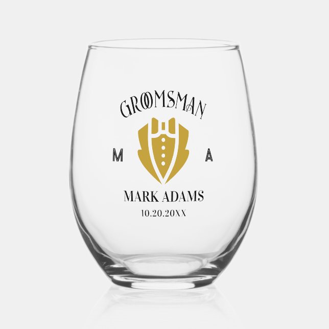 Elegant Groomsmen Gift Tuxedo Custom Monogram Stemless Wine Glass (Front)
