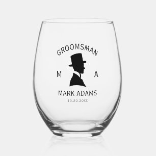 Elegant Groomsmen Man Hat Suit Vintage Monogram Stemless Wine Glass