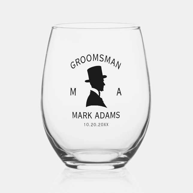 Elegant Groomsmen Man Hat Suit Vintage Monogram Stemless Wine Glass (Front)