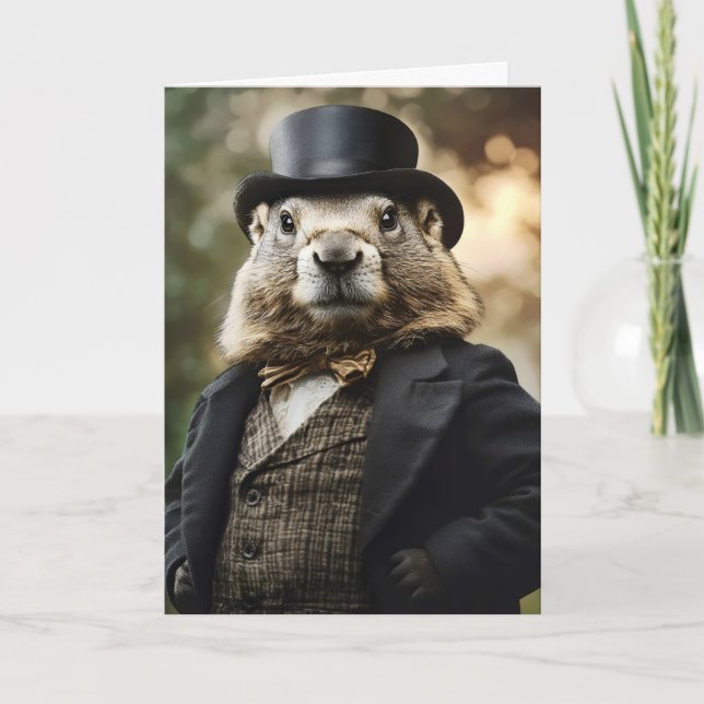 Elegant Groundhog Gentleman Funny Holiday Card (Front)