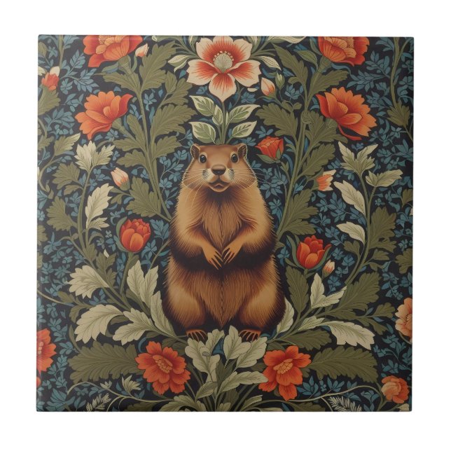 Elegant Groundhog William Morris Inspired Ceramic Tile (Front)