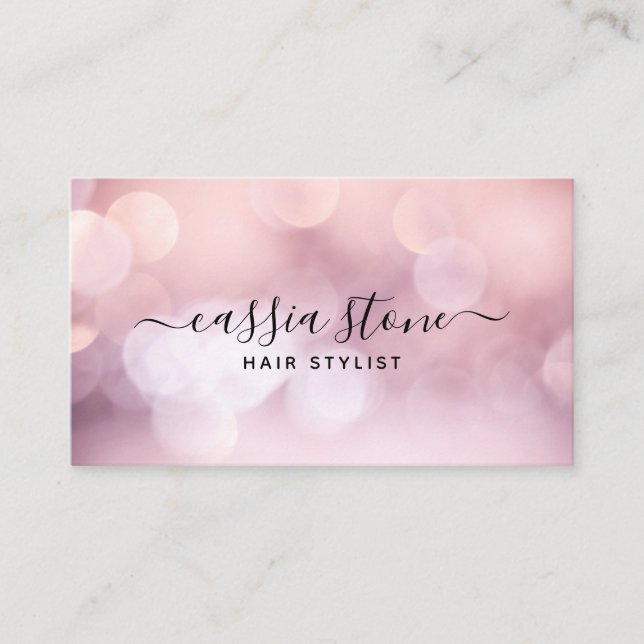 Elegant Hair Makeup Feminine Pink Bokeh Script Business Card (Front)