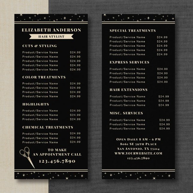 Elegant Hair Salon Black Price List Rack Card (A vintage celestial hairstylist services price list card. Personalize it with your information.)