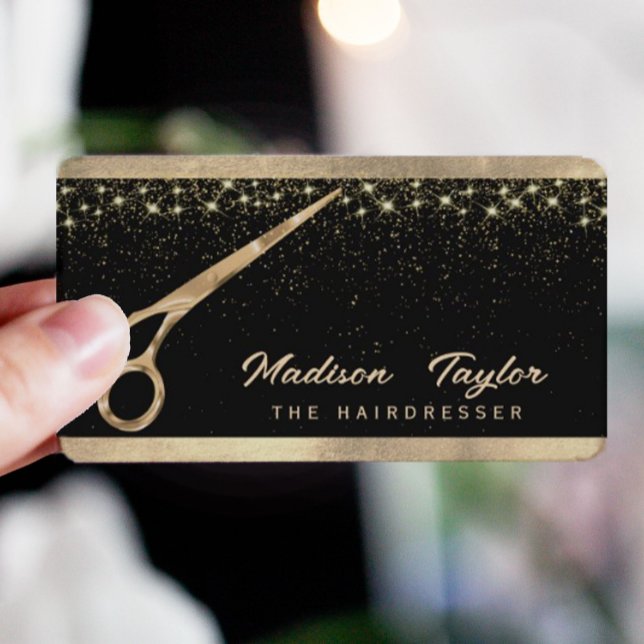  Elegant Hair stylist Hairdresser Golden scissors Business Card (#zazzlemade #tailorcard #goldandblack #fauxgold #luxury #dressmakers #sissores #sparkles)