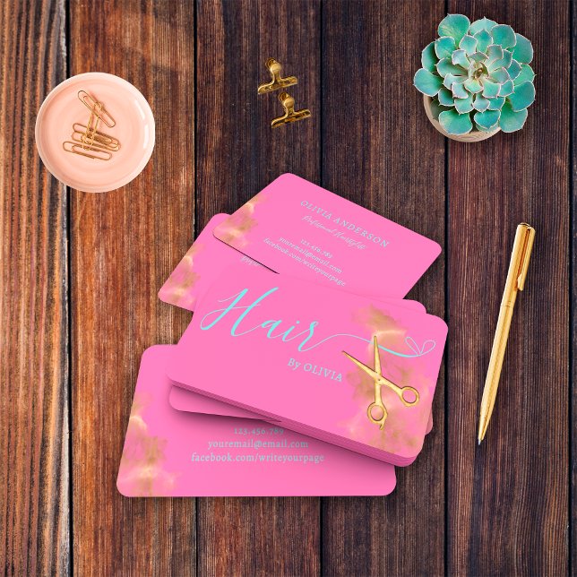 Elegant Hairstylist Gold Scissors Blue Hot Pink Business Card (Creator Uploaded)