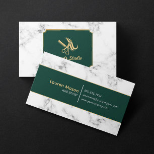 Elegant Hairstylist Salon Green Gold Border Marble Business Card