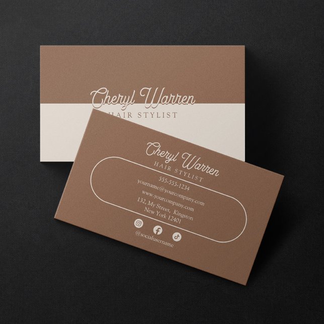 Elegant Hairstylist Script Brown & Biege Minimal Business Card (Creator Uploaded)