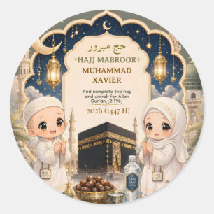 Elegant Hajj Mabroor Chibi Art Personalised Classic Round Sticker