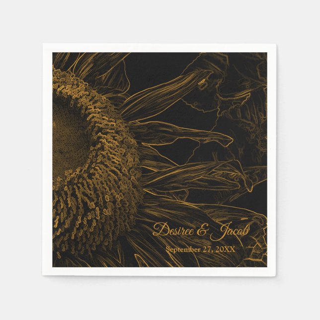 Elegant Half Sunflower Gold Black Floral Art  Napkin (Front)