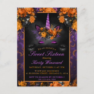 Elegant Halloween Flowers Unicorn Sweet 16 Invitat Postcard