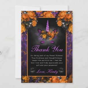 Elegant Halloween Flowers Unicorn Sweet 16 Thank You Card