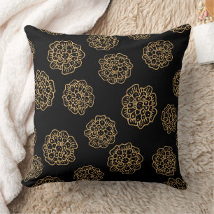 Elegant Halloween Golden Yellow Flowers on Black Cushion