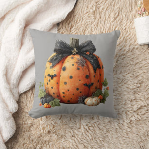 Elegant Halloween Pumpkin with Black Bow Cushion