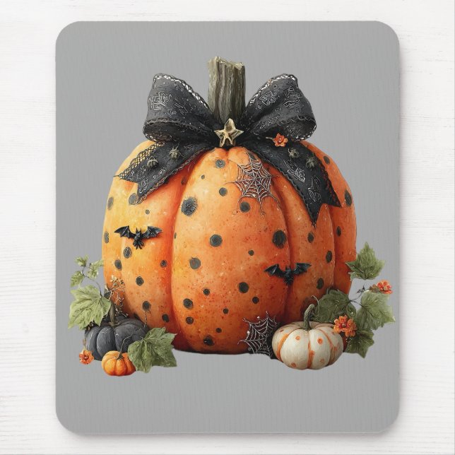 Elegant Halloween Pumpkin with Black Bow Mouse Pad (Front)