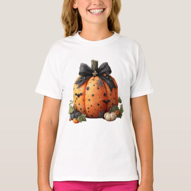 Elegant Halloween Pumpkin with Black Bow T-Shirt (Front)