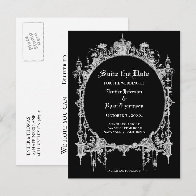 Elegant halloween wedding save the date postcard (Front/Back)