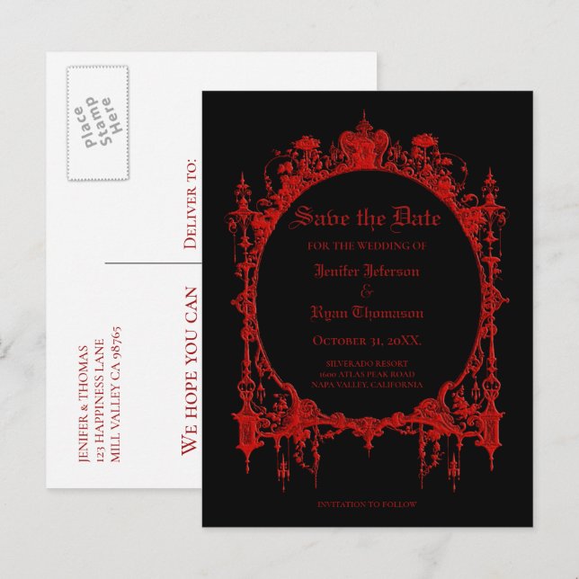 Elegant halloween wedding save the date postcard (Front/Back)