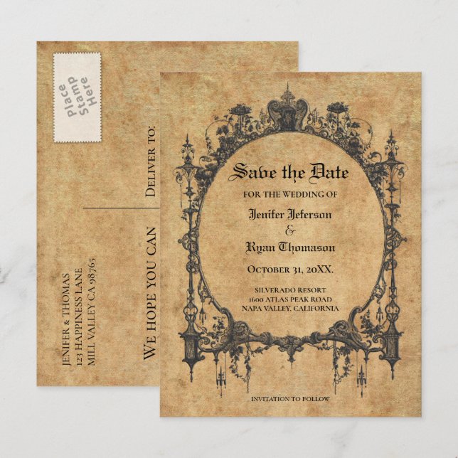 Elegant halloween wedding save the date postcard (Front/Back)