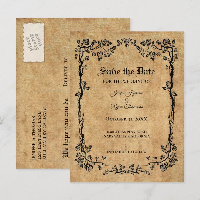 Elegant halloween wedding save the date postcard (Front/Back)