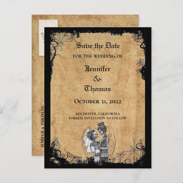 Elegant halloween wedding save the date postcard (Front/Back)