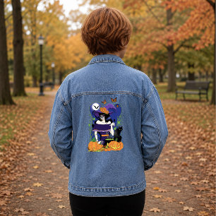 Elegant Halloween Witch Sugar Skull Purple Denim Jacket