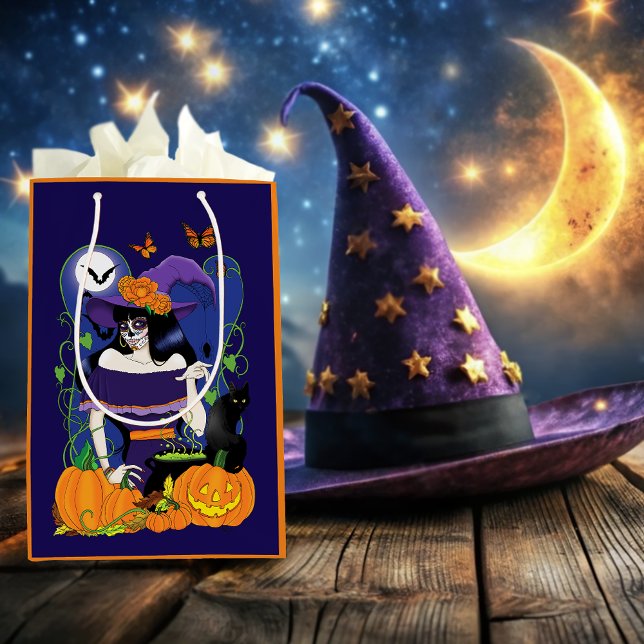 Elegant Halloween Witch Sugar Skull Purple Medium Gift Bag (Creator Uploaded)