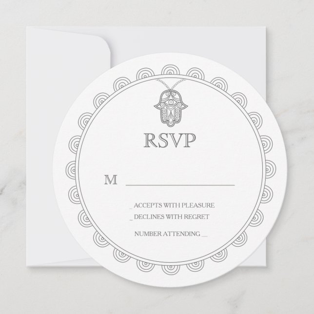 Elegant Hamsa round wedding RSVP card (Front)