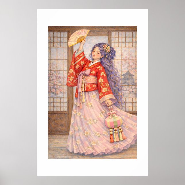 Elegant Hanbok with Fan Poster (Front)
