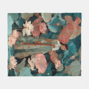 Elegant Hanbok Woman in Pink Lotus Garden Fleece Blanket