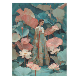 Elegant Hanbok Woman in Pink Lotus Garden Tablecloth