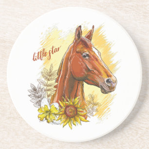 Elegant hand drawing horse with plants and flowers coaster