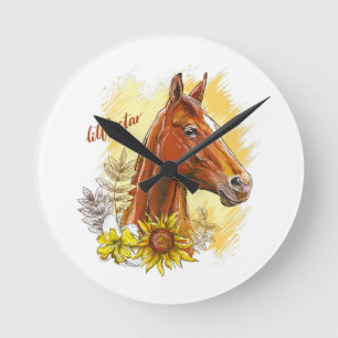 Elegant hand drawing horse with plants and flowers round clock