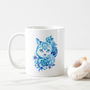 Elegant Hand Drawn 10 Blue Shades Cat Mug