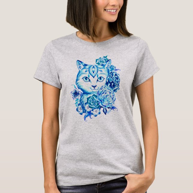 Elegant Hand Drawn 10 Blue Shades Cat Shirt (Front)
