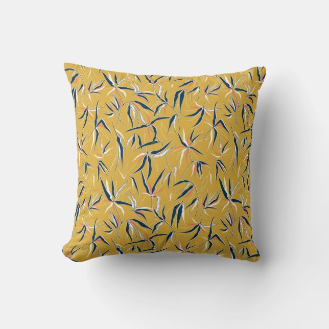 Elegant hand drawn bamboo leaves in a tossed patte cushion (Front)