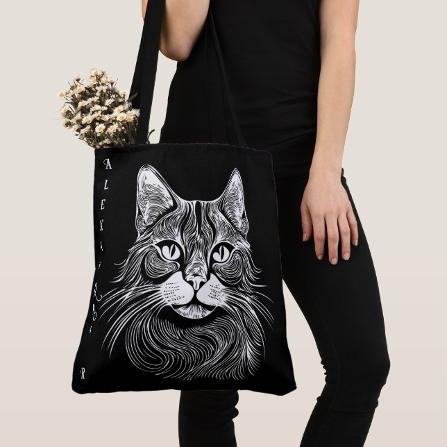 Elegant hand-drawn black&white cat personalised tote bag (Close Up)