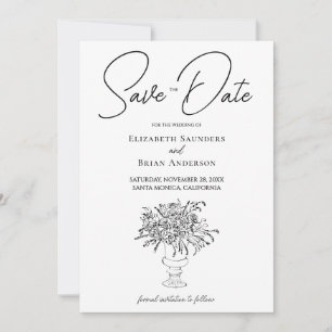Elegant Hand Drawn Black White Floral Wedding Save The Date