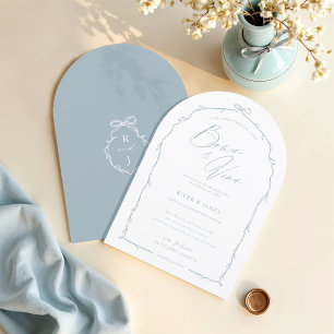 Elegant Hand Drawn Blue Bow & Ribbon Arch Wedding Invitation