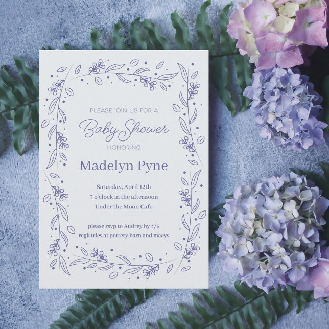 Elegant Hand Drawn Blue Floral & Vine Baby Shower Invitation (Creator Uploaded)